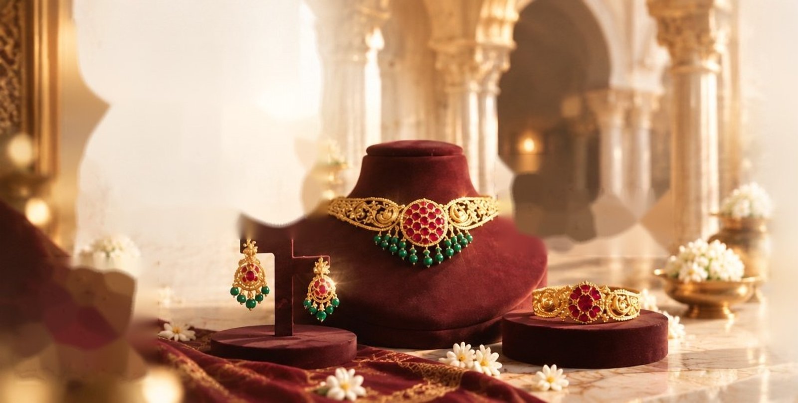 Gold bridal jewellery with rubies and emeralds displayed on maroon velvet busts in a sunlit temple courtyard