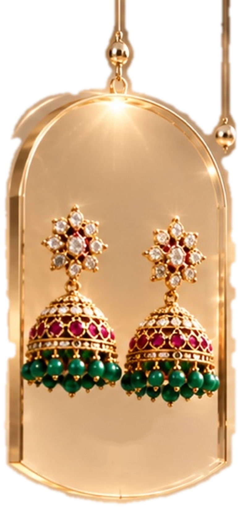 Traditional Jhumkas earrings in a hanging glass display