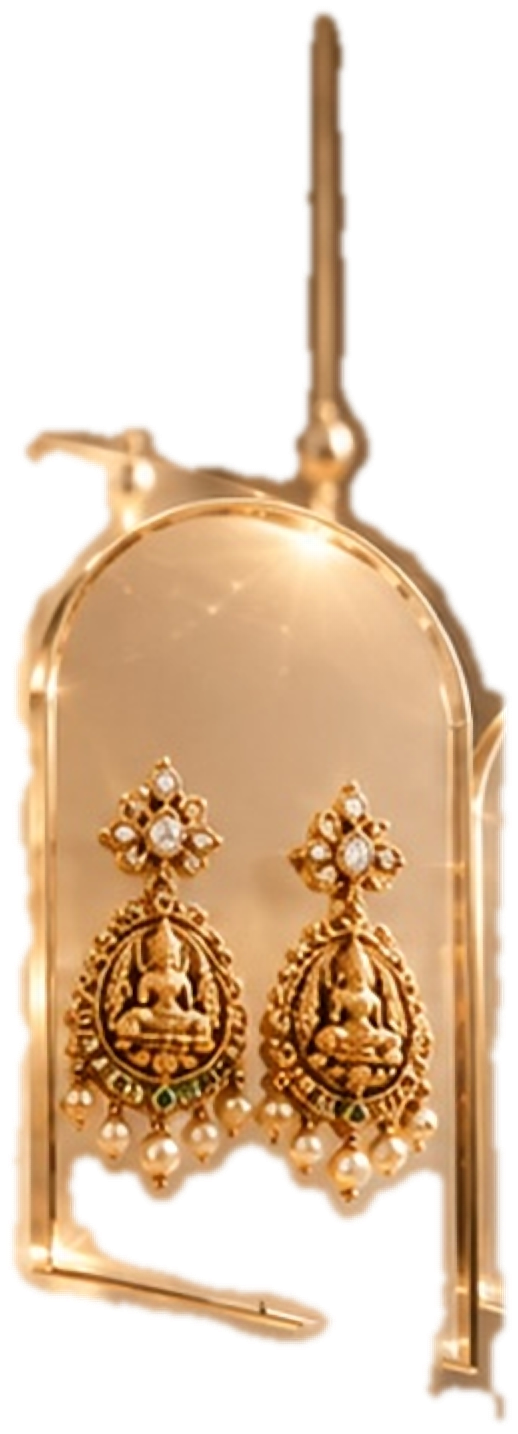 Temple Artistry earrings in a hanging glass display