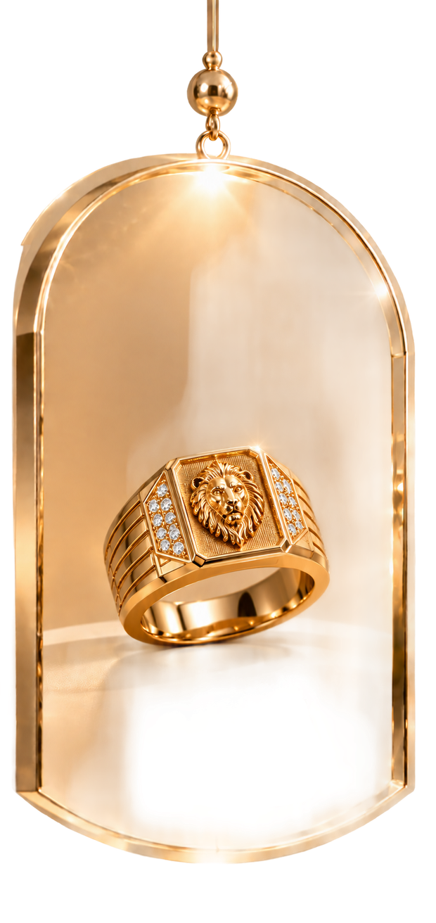 The Lion Crest — gold men's ring in a hanging glass display