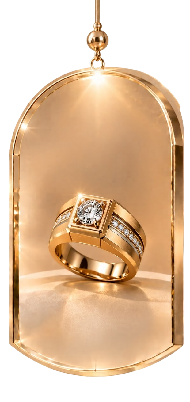 The Infinity Twist — gold men's ring in a hanging glass display
