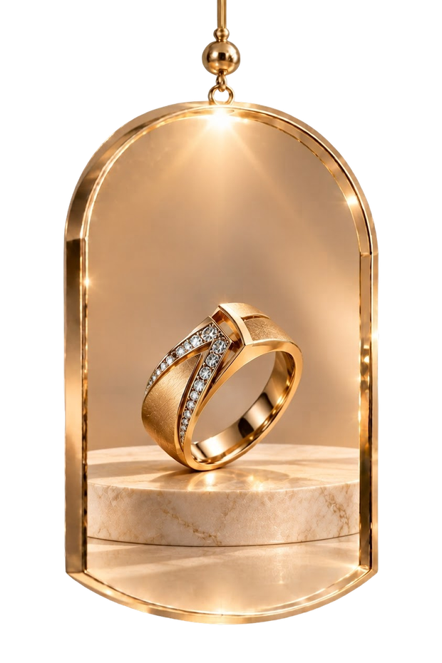 The Onyx Sovereign — gold men's ring in a hanging glass display