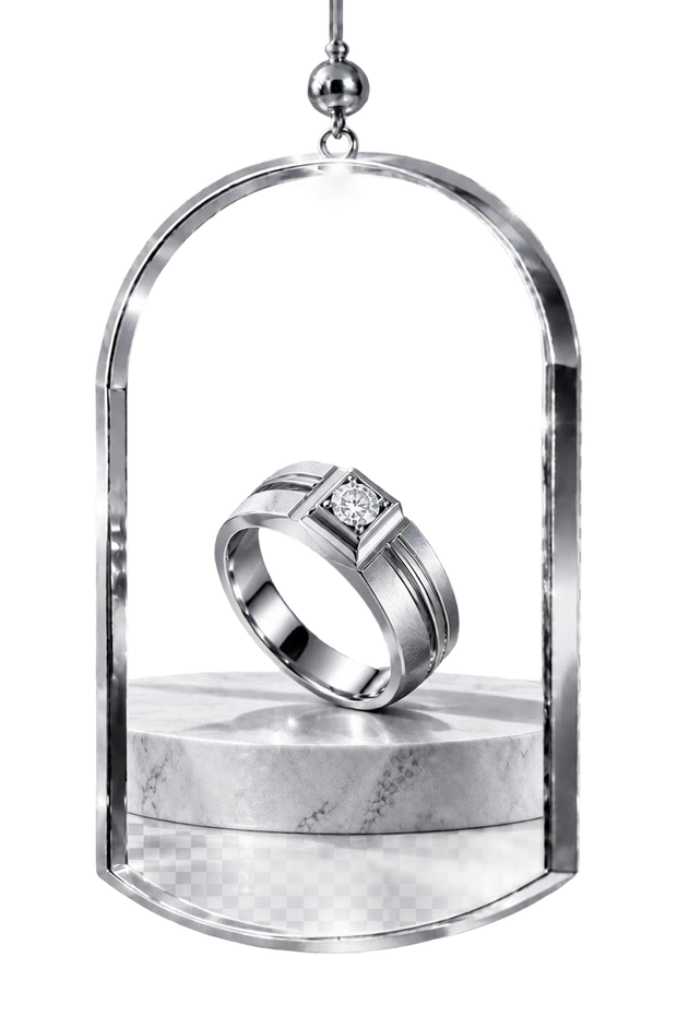 The Diagonal Line — silver men's ring in a hanging glass display