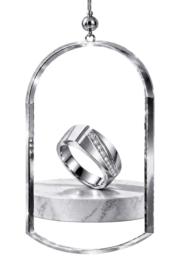The Slant Edge — silver men's ring in a hanging glass display