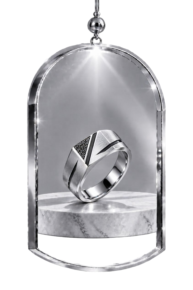 The Onyx Edge — silver men's ring in a hanging glass display