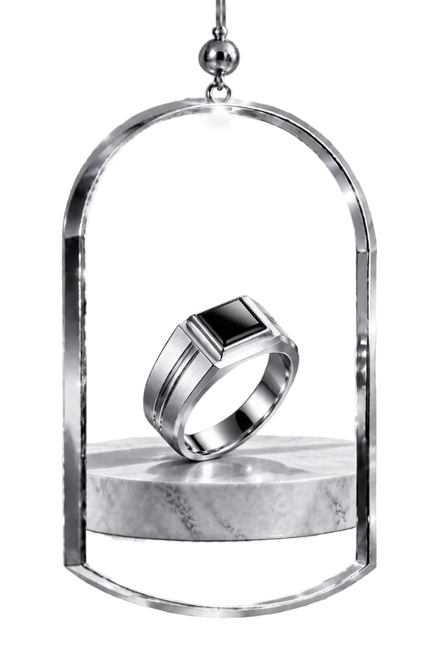 The Silver Sovereign — silver men's ring in a hanging glass display