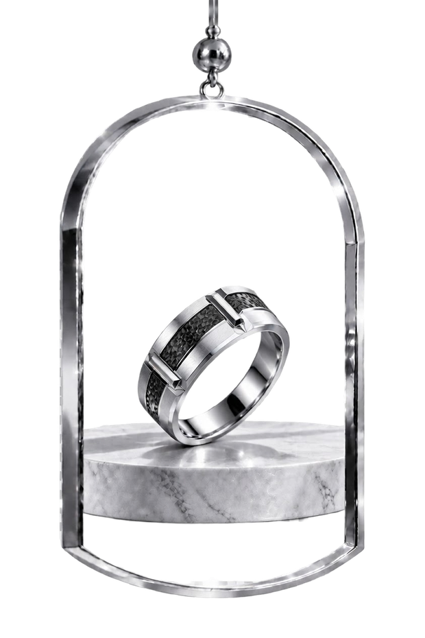 The Carbon Line — silver men's ring in a hanging glass display