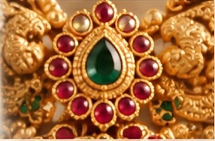 Close-up of the emerald centre stone ringed with rubies