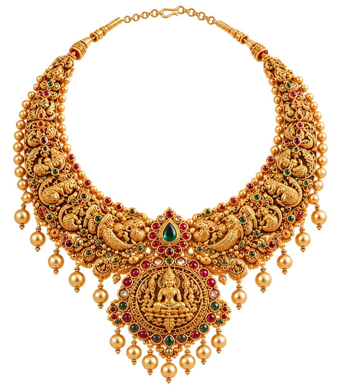 Signature 22K temple-work gold necklace with rubies, emeralds and pearls